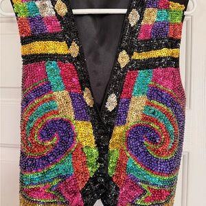 Vintage Hand Beaded Sequin Vest Art Deco Psychedelic Festival Statement Top